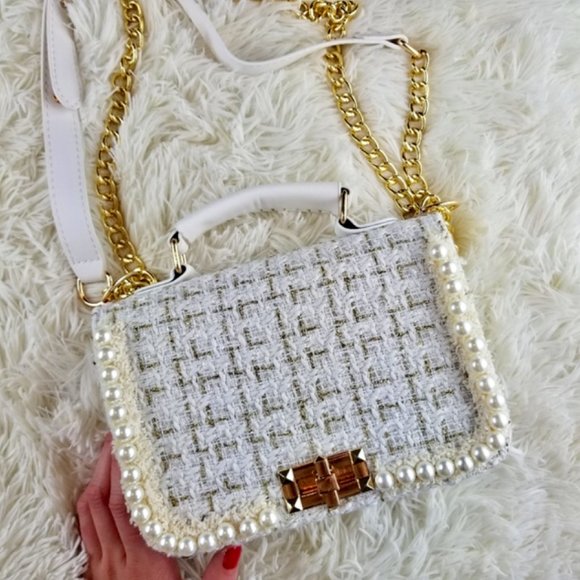 White Pearl + Gold Beaded Woven Mini Purse - Picture 1 of 10